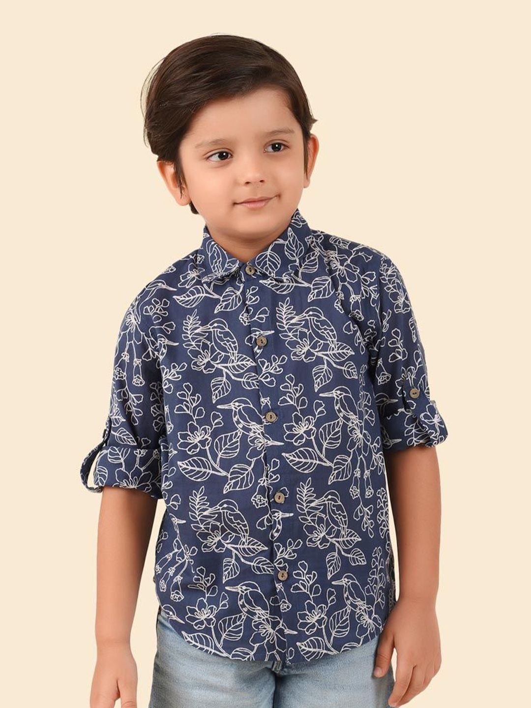 

Fabindia Boys Spread Collar Floral Printed Cotton Casual Shirt, Blue