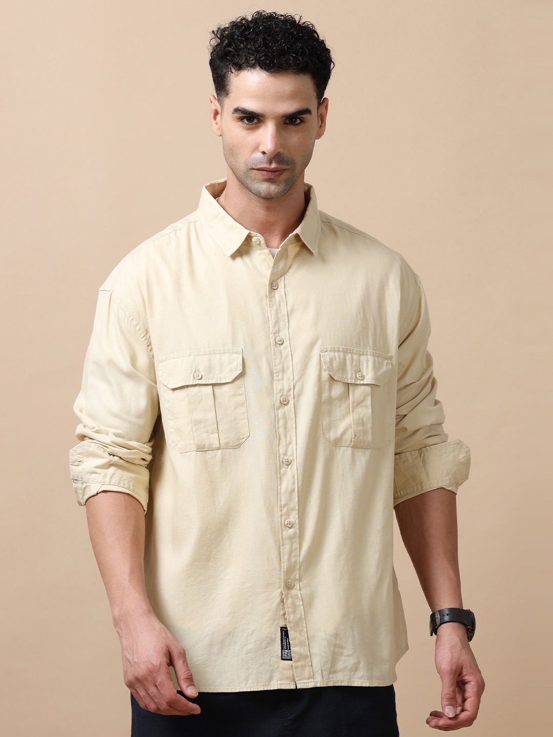 

SILISOUL Men Relaxed Spread Collar Solid Cotton Relaxed Fit Casual Shirt, Beige