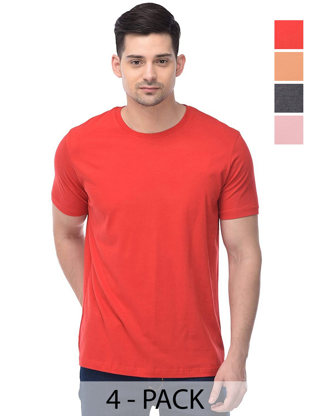 

COLOR CAPITAL Unisex Pack Of 4 Solid Round Neck Cotton T-shirts, Coral