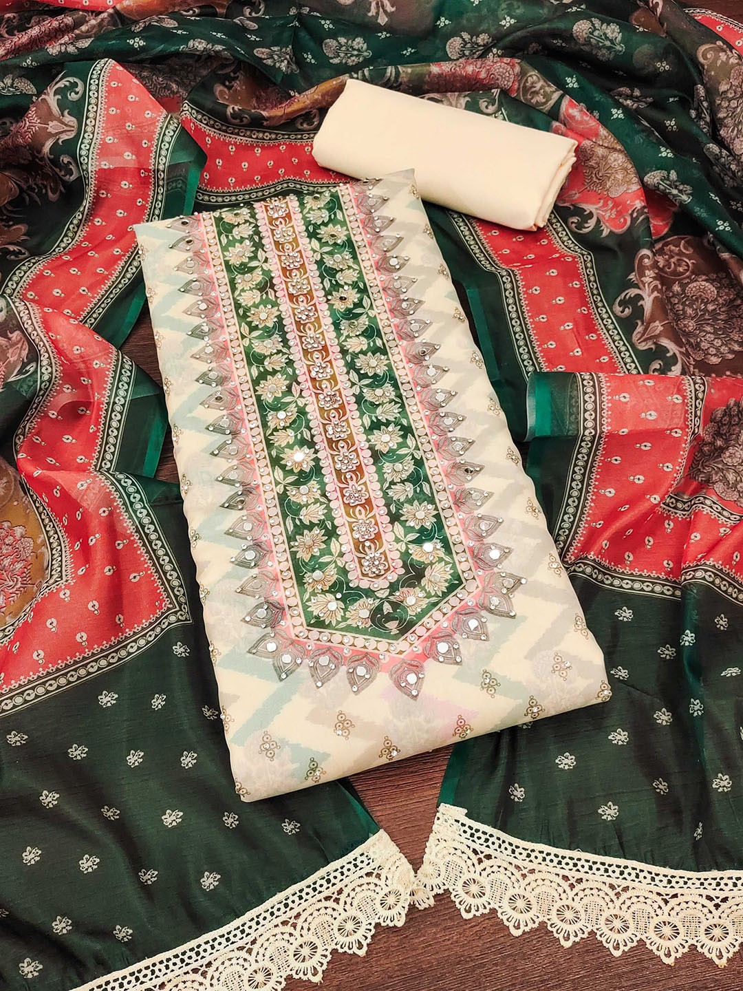 

MANVAA Floral Printed Beads & Stones Unstitched Dress Material, Green