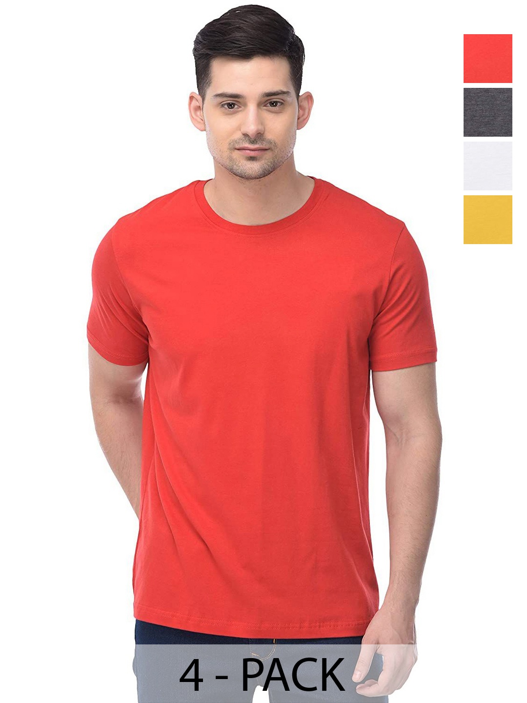 

COLOR CAPITAL Unisex Pack Of 4 Solid Round Neck Cotton T-shirts, Red