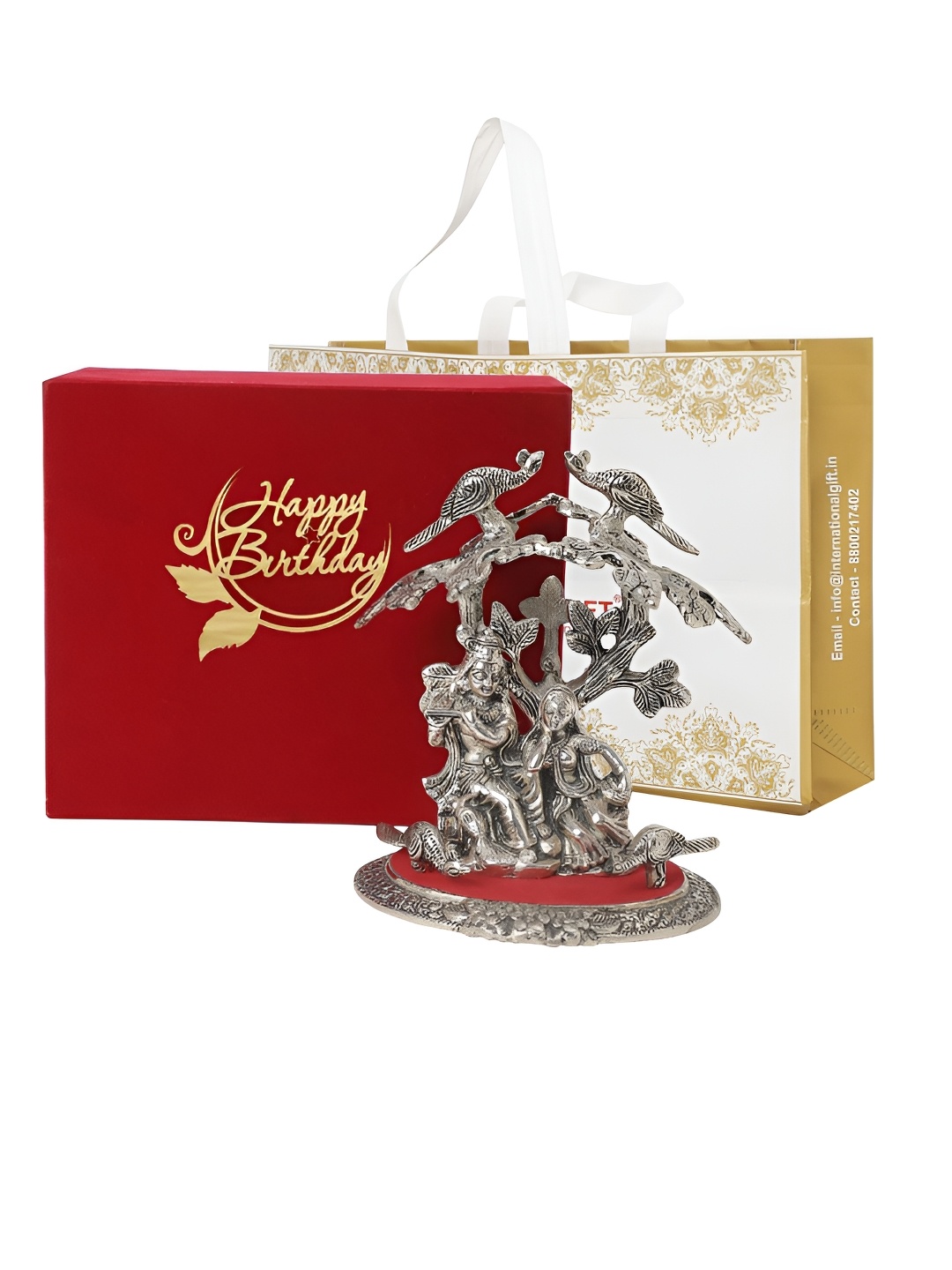 

INTERNATIONAL GIFT Silver Toned Radha Krishna Idol With Happy Birthday Tag & Velvet Box