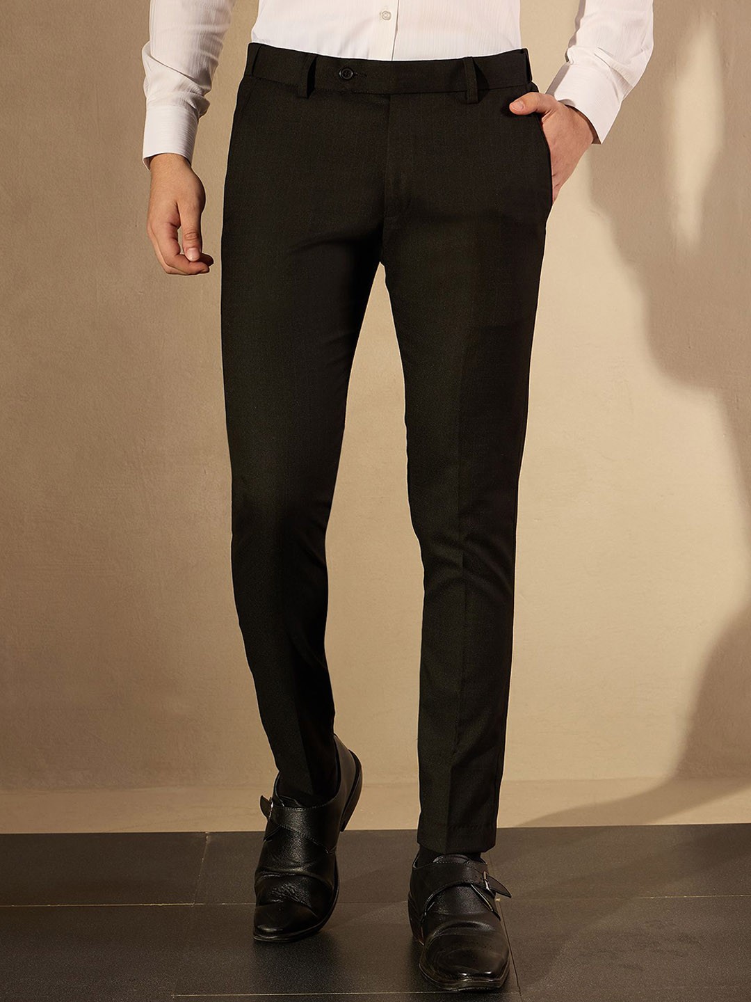 

DENNISON Men Checked Smart Tapered Fit Easy Wash Trousers, Black