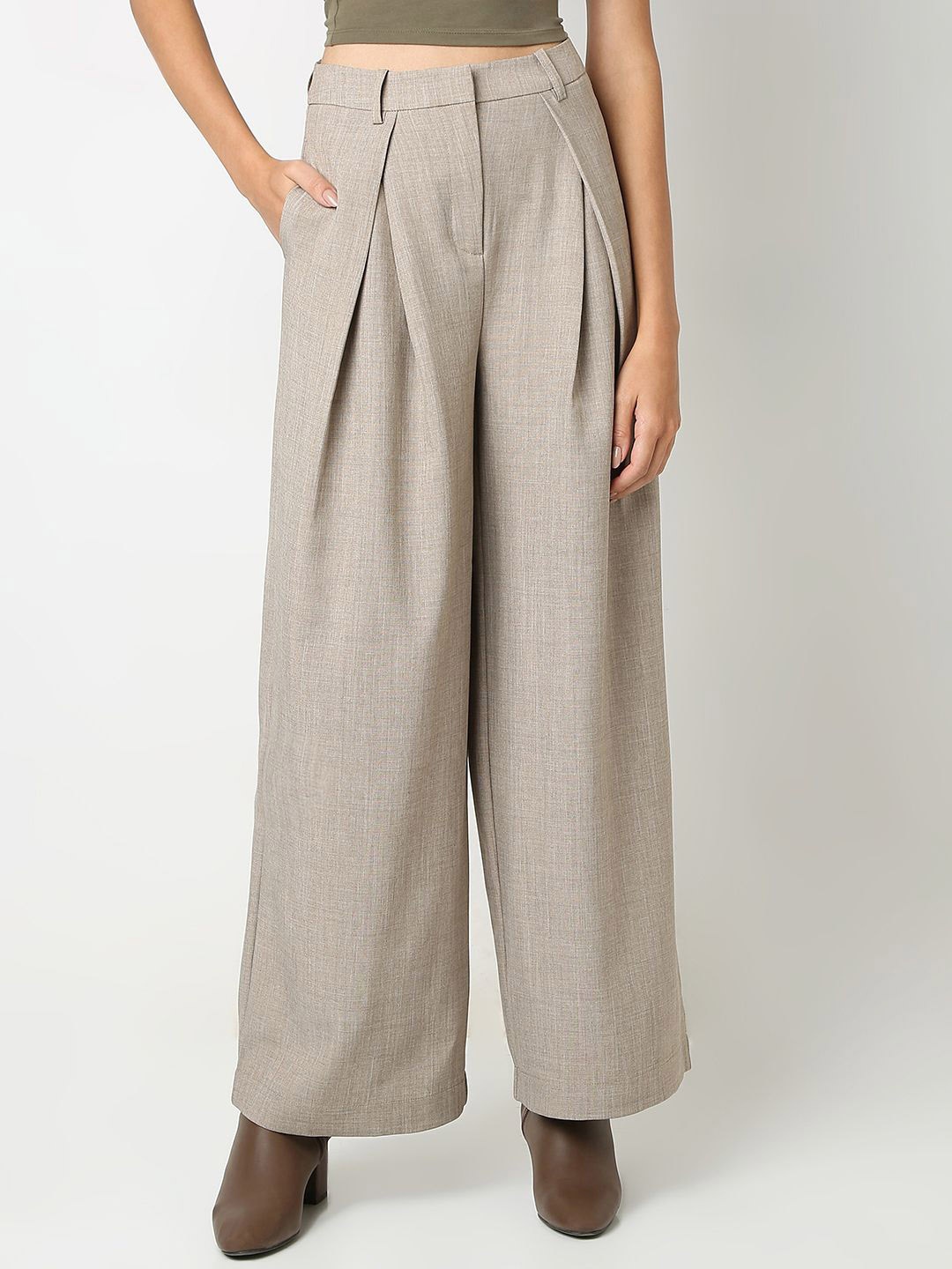 

Vero Moda Women Straight Fit High-Rise Pleated Trousers, Beige