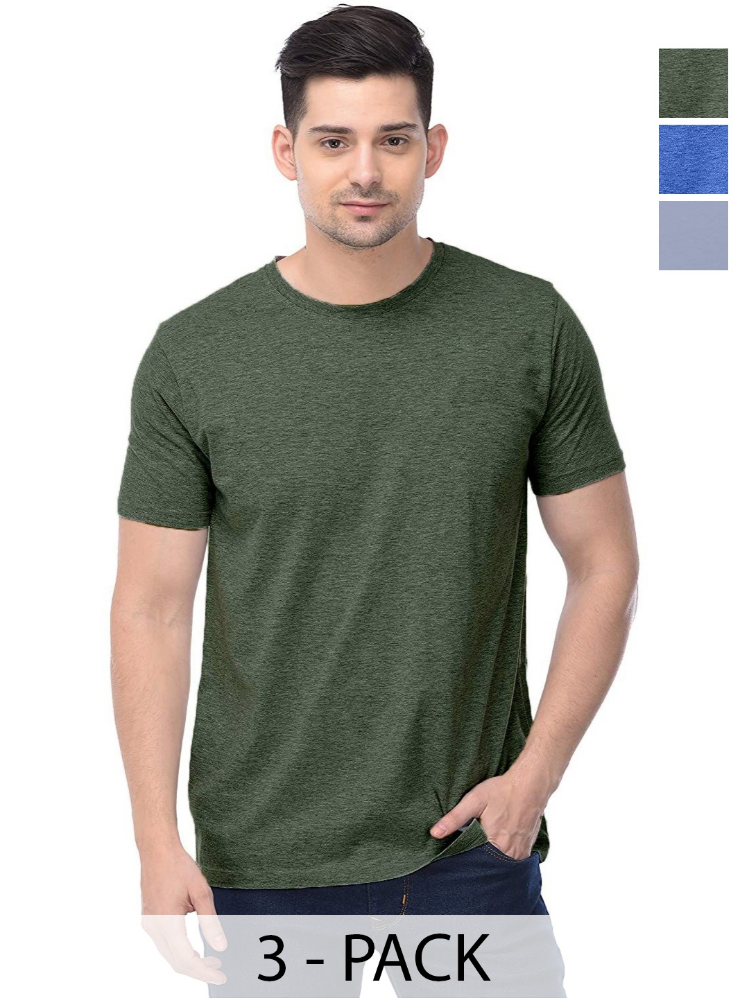 

COLOR CAPITAL Unisex Pack Of 3 Solid Round Neck Cotton T-shirts, Green