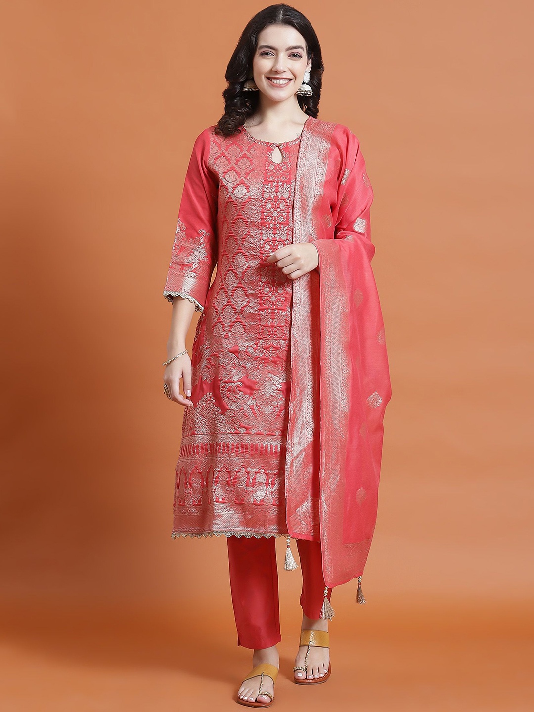

Shree Ethnic Motifs Woven Design Zari Straight Chanderi Silk Kurta With Trousers & Dupatta, Coral