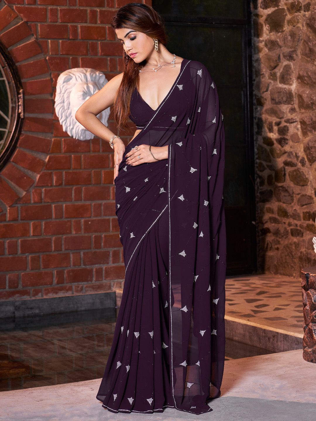 

Anouk Beads and Stones embellished Pure Georgette Saree with blouse piece, Purple