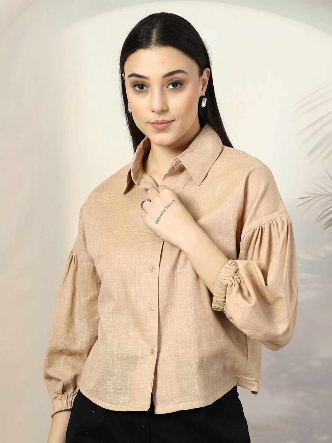 

plusS Women Solid Shirt Collar Cotton Top, Beige