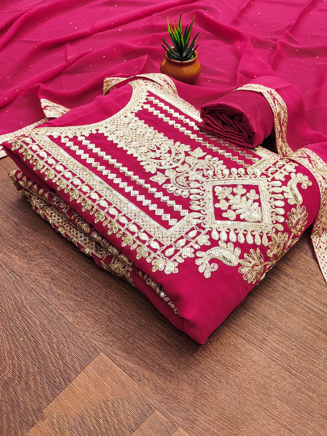 

MANVAA Ethnic Motifs Embroidered Sequinned Unstitched Dress Material, Pink