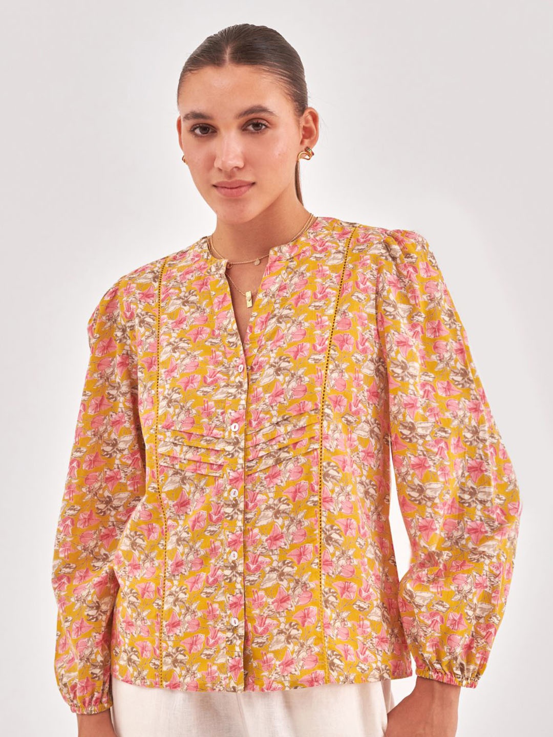 

QOMN Floral Print Puff Sleeve Cotton Top, Yellow