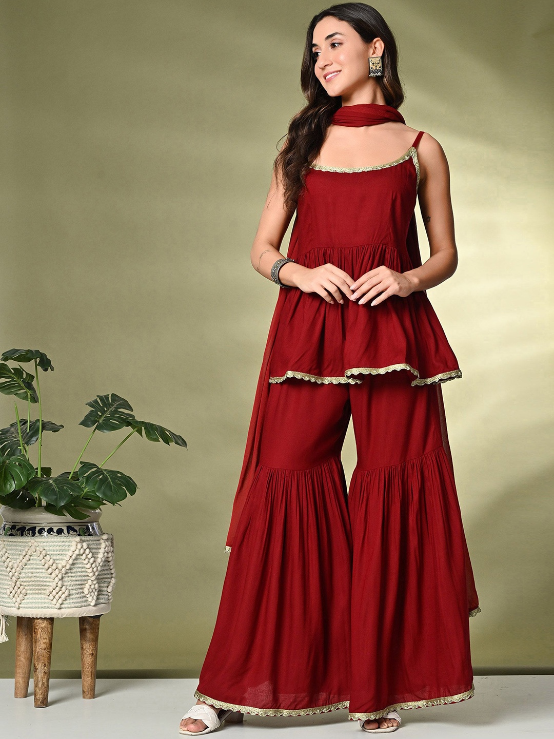 

Sangria A-Line Kurti With Sharara & Dupatta, Maroon