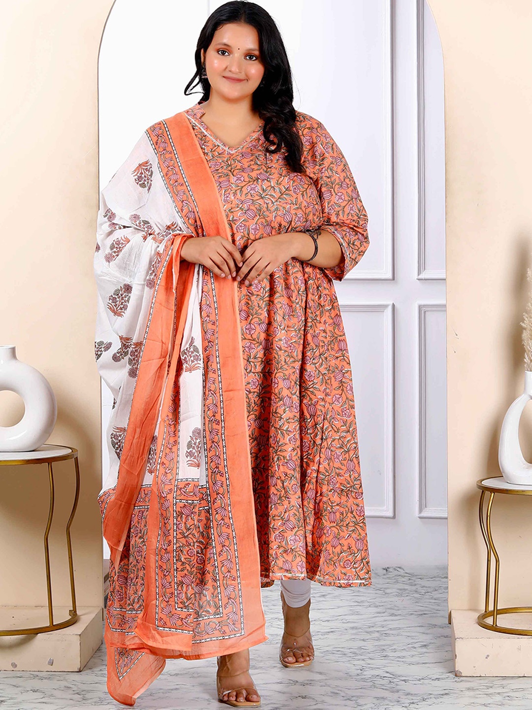 

MIRAVAN Plus Size Floral Printed Mandarin Collar Cotton Anarkali Kurta With Dupatta, Orange