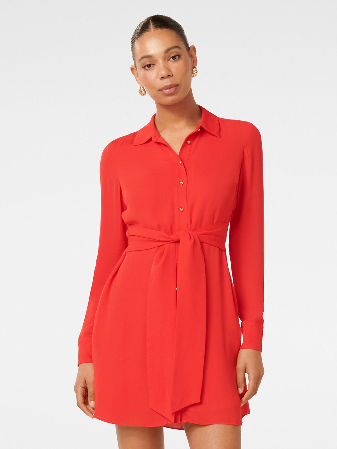 

Forever New Shirt Collar Cuffed Sleeves Mini shirt dress aw24, Red