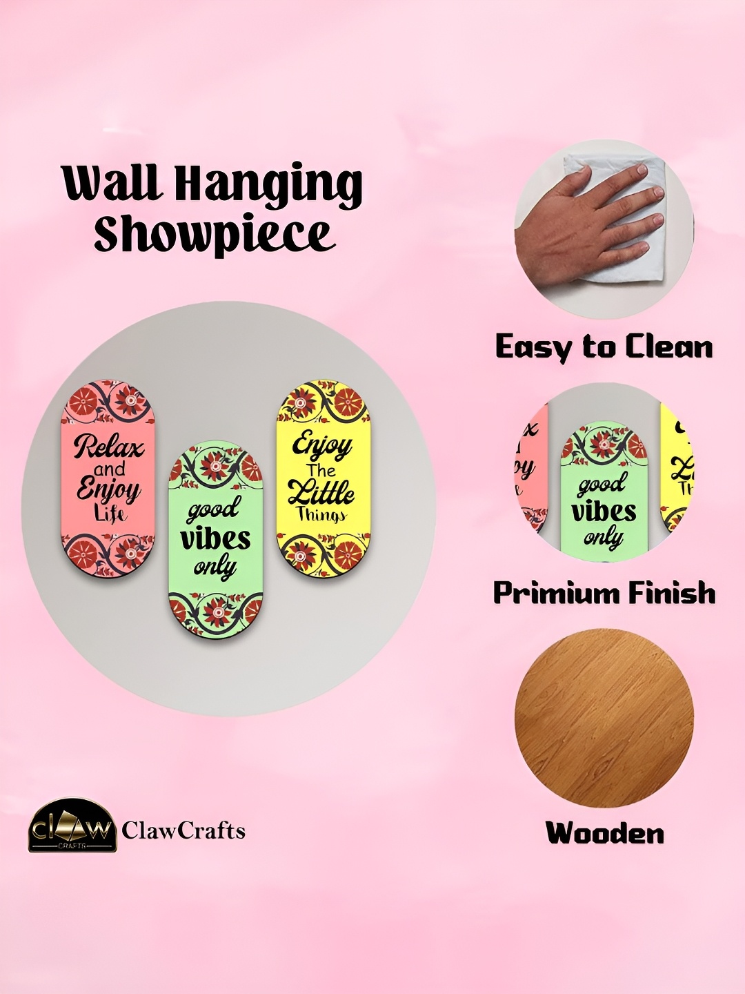 

CLAWCRAFTS Green and Yellow 3 Pieces Quote Detail Wooden Wall Hangings