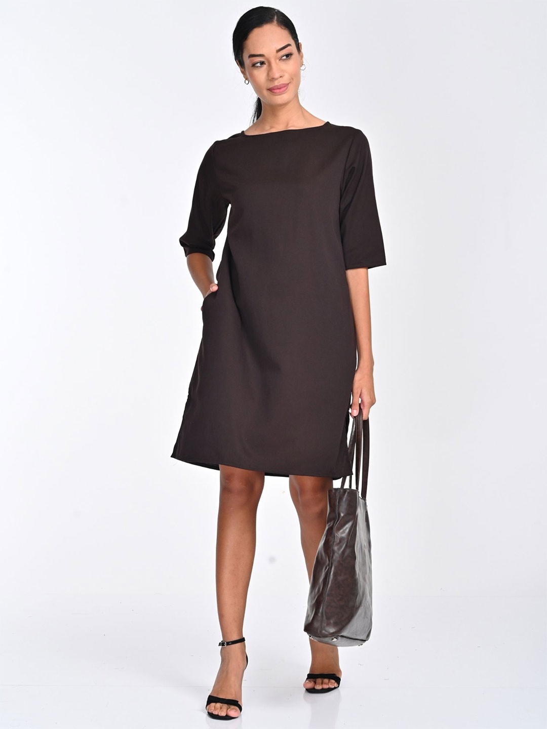 

Saltpetre Women Boatneck Straight Fit Knee Length Dress, Brown