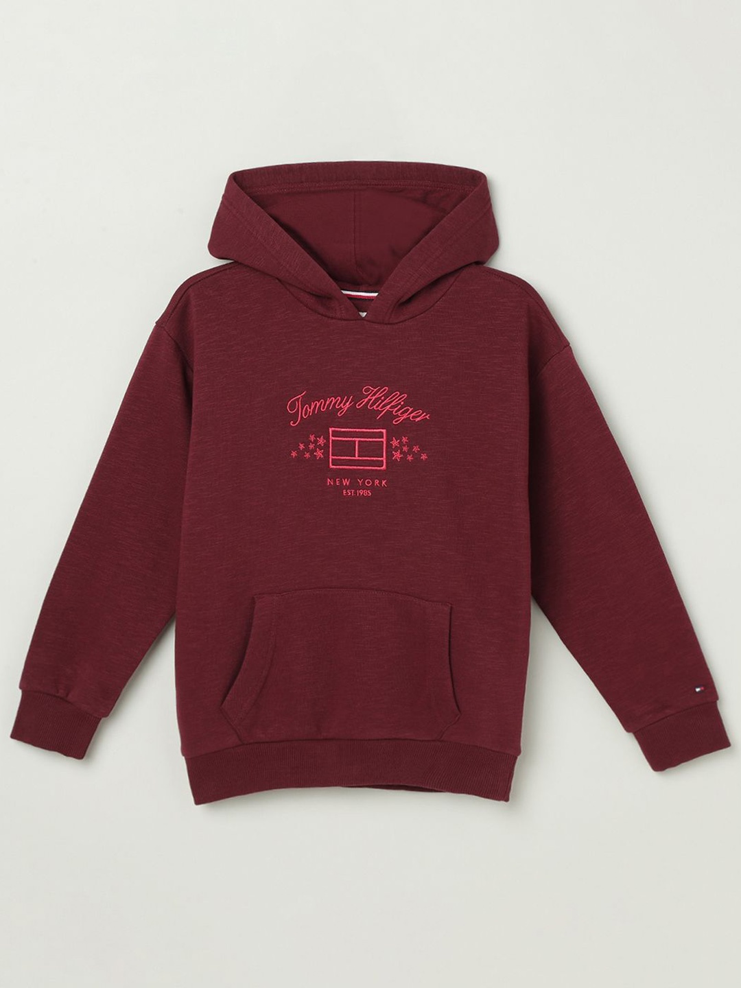

Tommy Hilfiger Girls Hooded Embroidered Typography Printed Sweatshirt, Maroon
