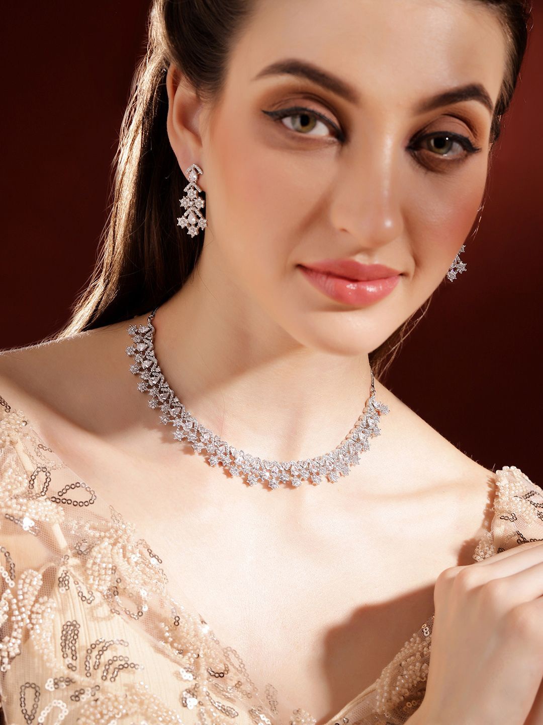 

Priyaasi Silver Plated American Diamond Studded Jewellery Set