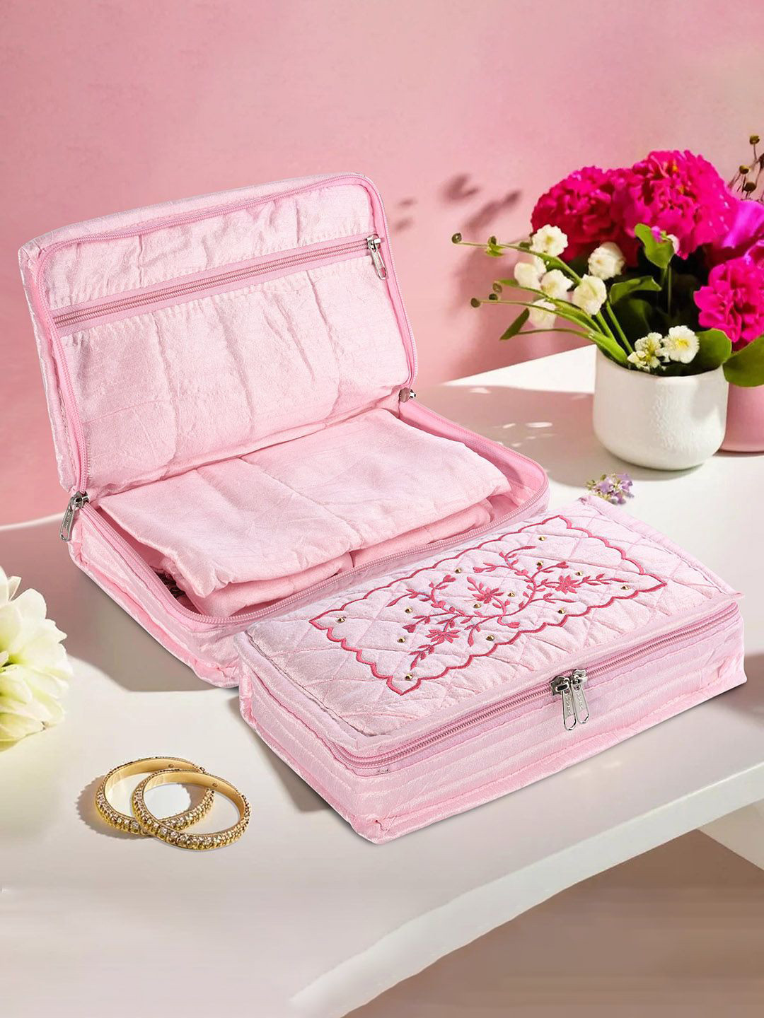 

Kuber Industries Pink 2 Pieces Embroidered Jewellery Organisers