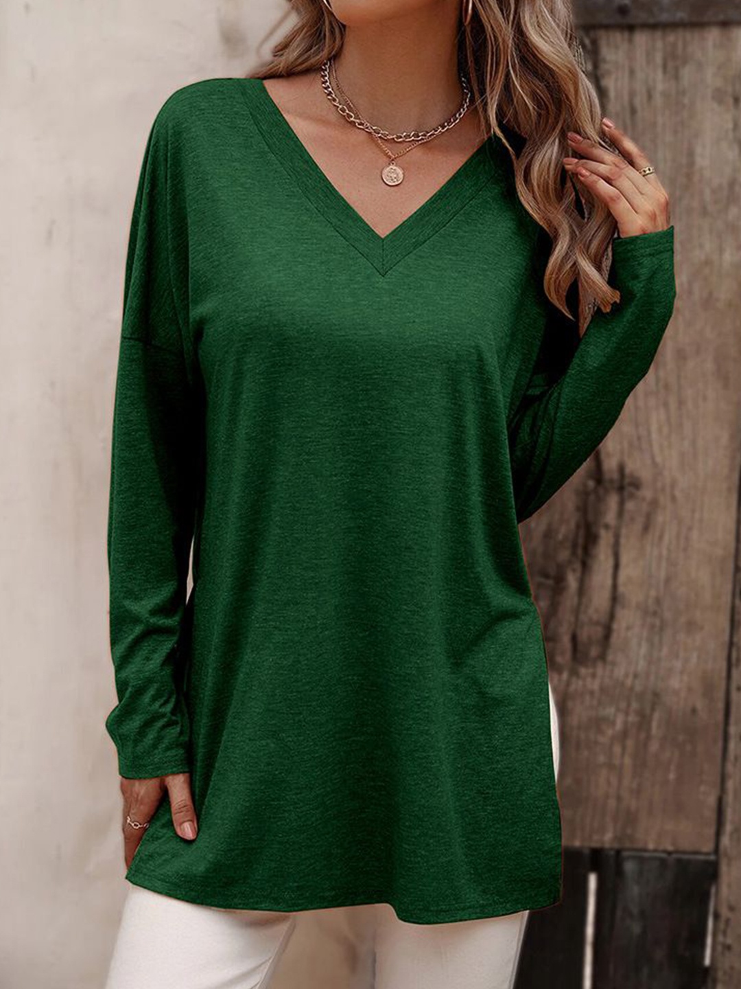 

StyleCast Women Solid V-Neck Cotton Top, Green