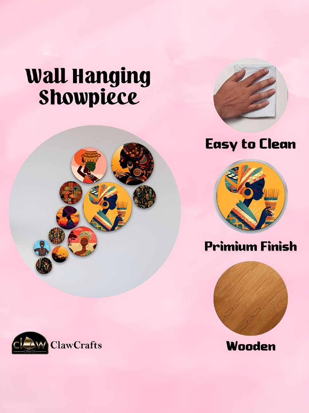 

CLAWCRAFTS Mustard Yellow and Brown 11 Pieces Tribal Inspired Wooden Wall Plates