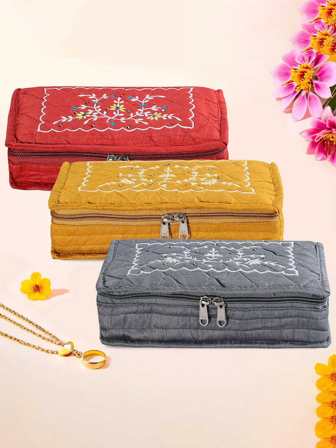 

Kuber Industries Grey & Yellow 3 Pieces Self Design Jewellery Organisers