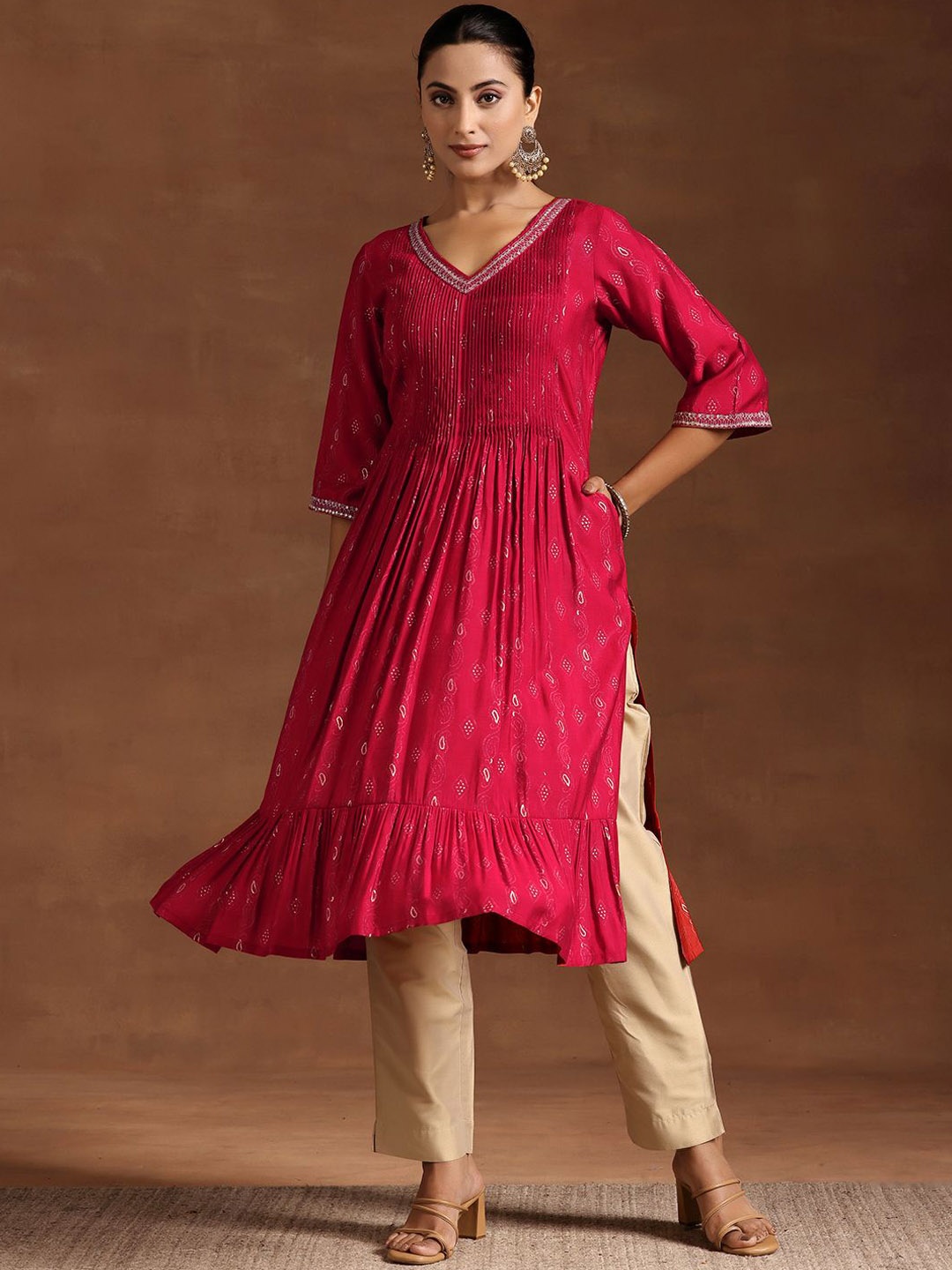 

Libas Red Ethnic Motifs Printed Pintuck Flared Sleeves Layered Ruffles Zari A-Line Kurta