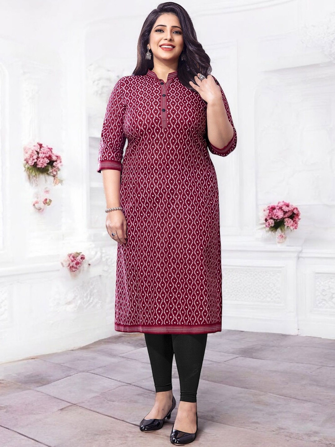 

Jevi Prints Chevron Printed Mandarin Collar Three-Quarter Sleeves Cotton Straight Kurta, Magenta