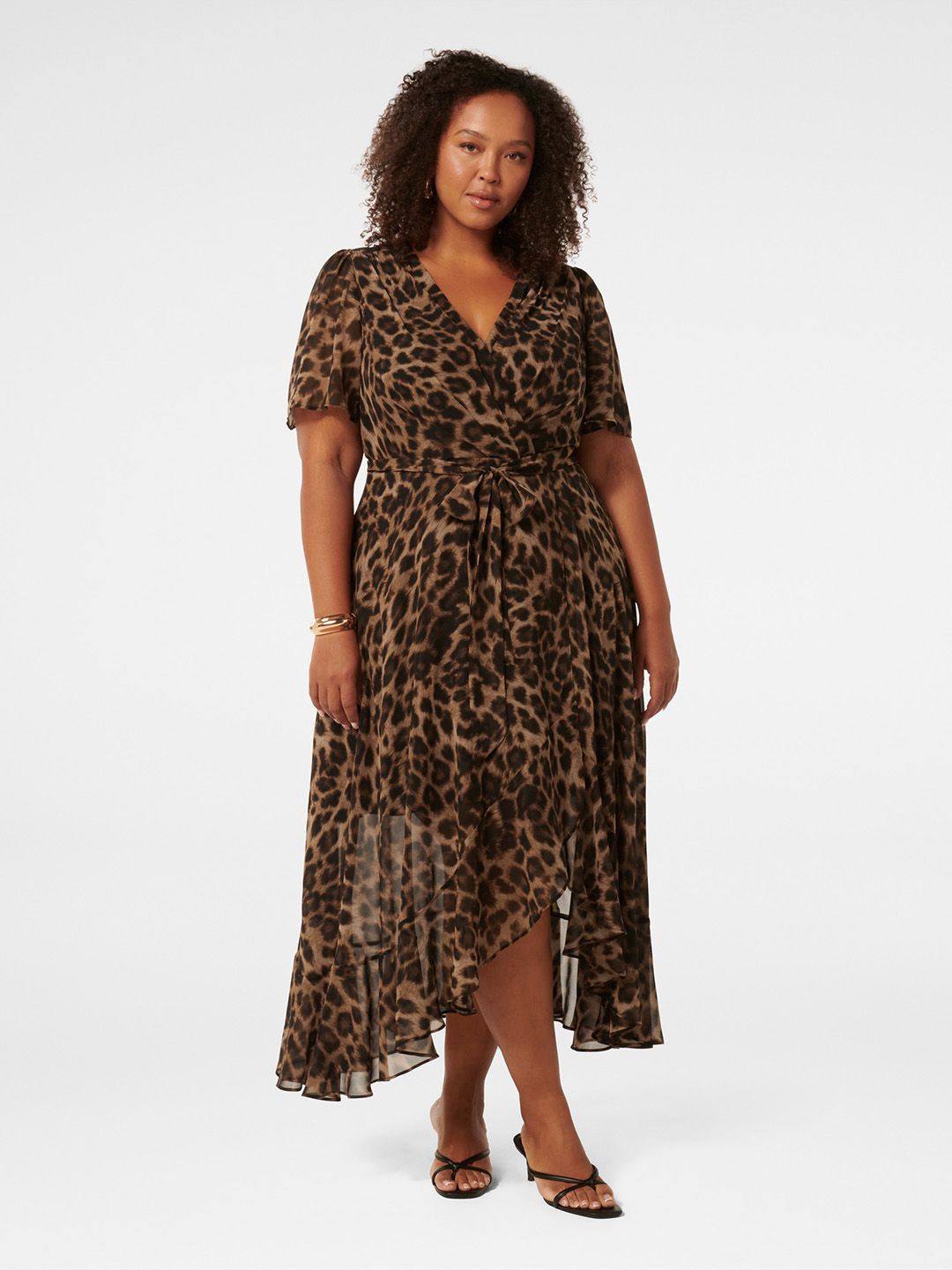

Forever New women Animal Print High-Low wrap Midi Dress aw24, Brown