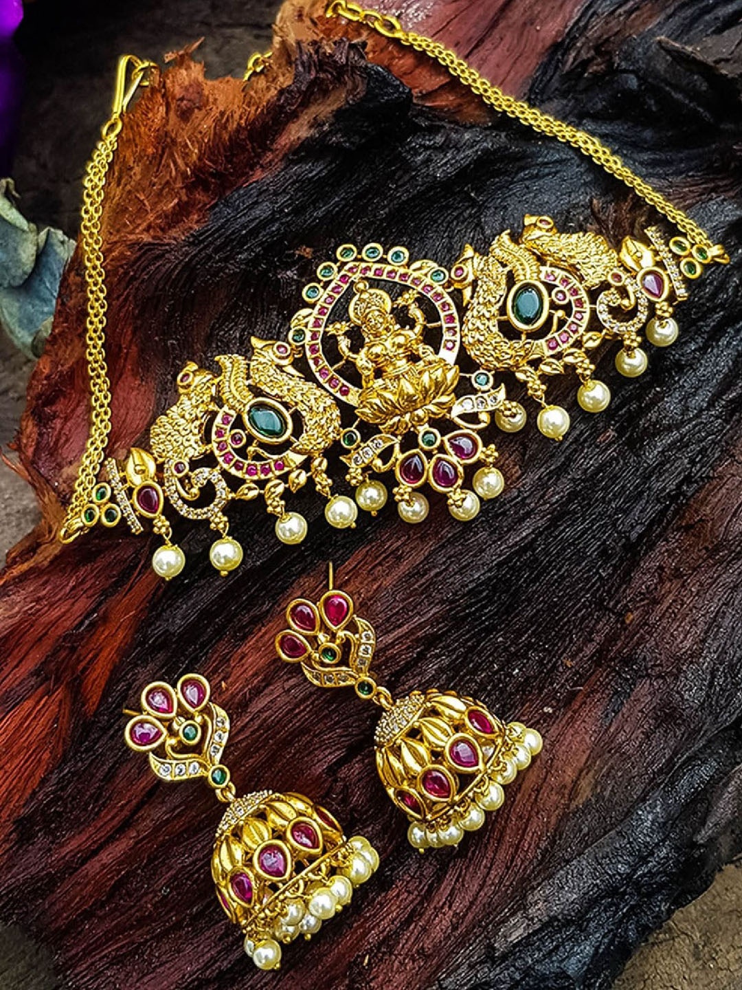 

GRIIHAM Gold-Plated Cubic Zirconia Studded Choker Necklace and Earrings