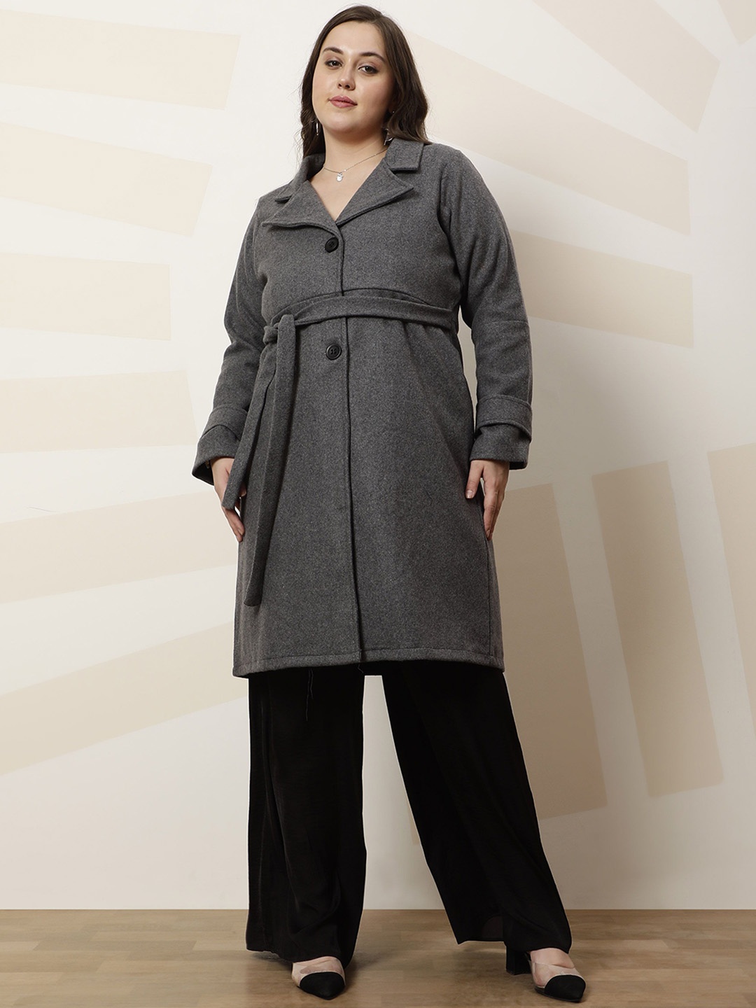 

Athena Ample Plus Size Solid Notched Lapel Longline Overcoat With Tie Up Waist, Grey