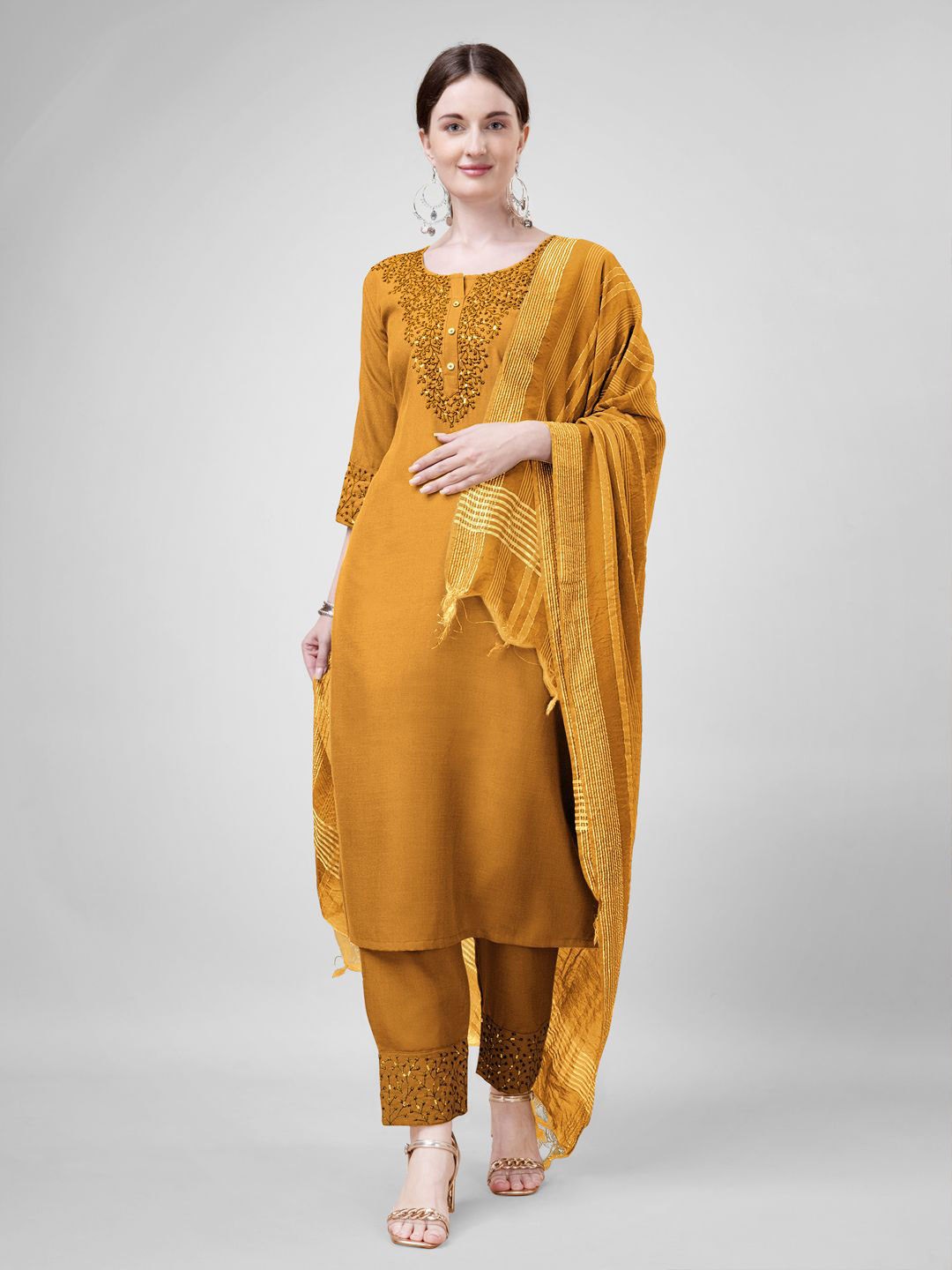 

WILNERCROWN Floral Embroidered Regular Sequinned Kurta With Trousers & Dupatta, Yellow