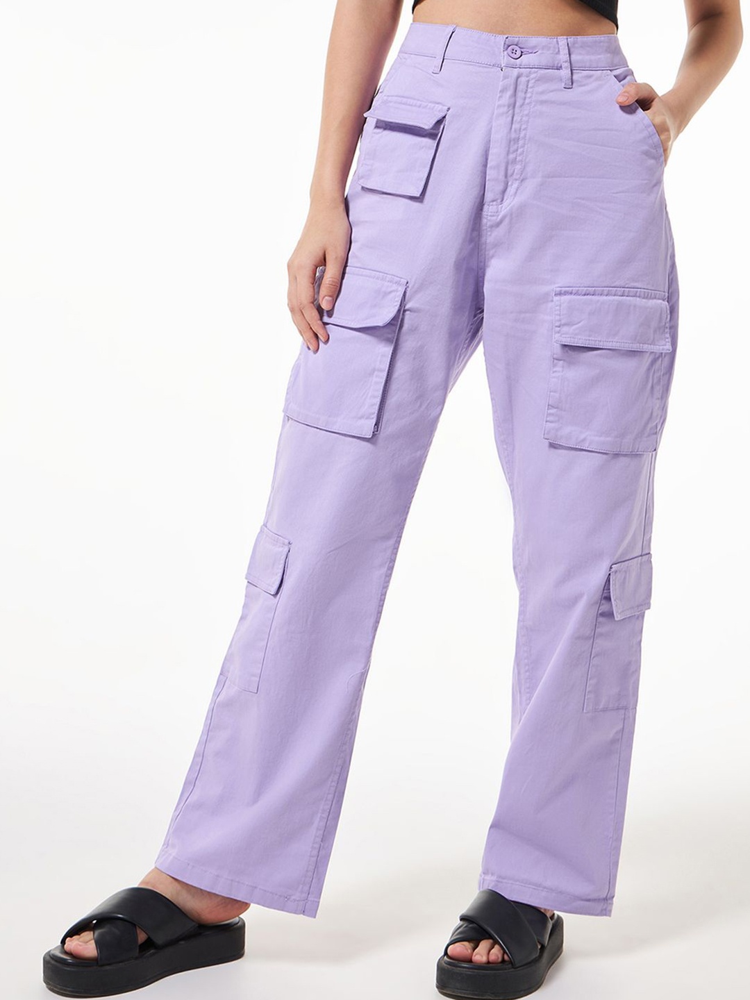 

Bewakoof Women Cotton Oversized High-Rise Cargos Trousers, Lavender