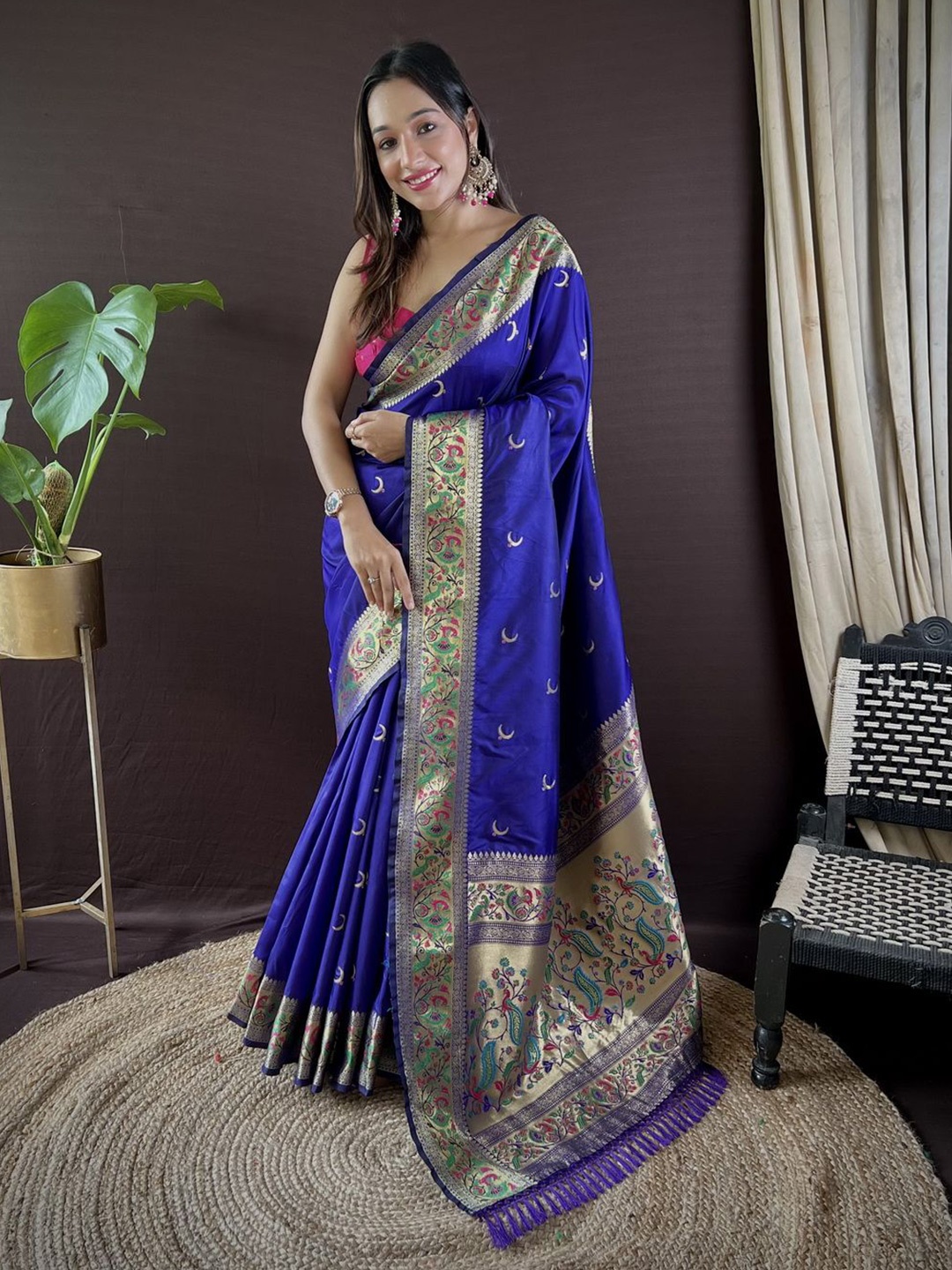 

Divyadham Textiles Ethnic Motifs Zari Pure Silk Paithani Saree, Blue