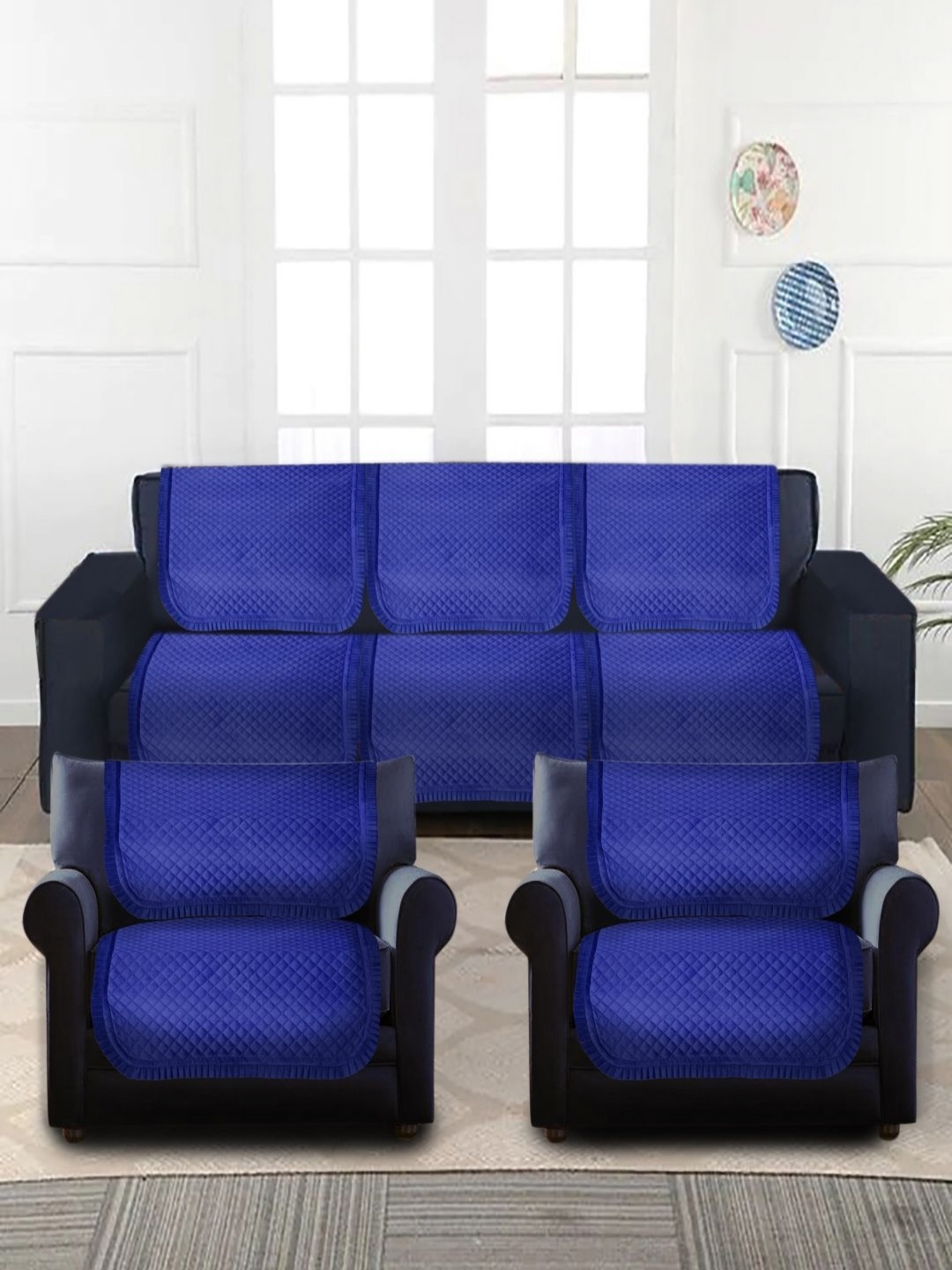 

MULTITEX Blue 6 Pieces Self Design 5 Seater Velvet Sofa Cover