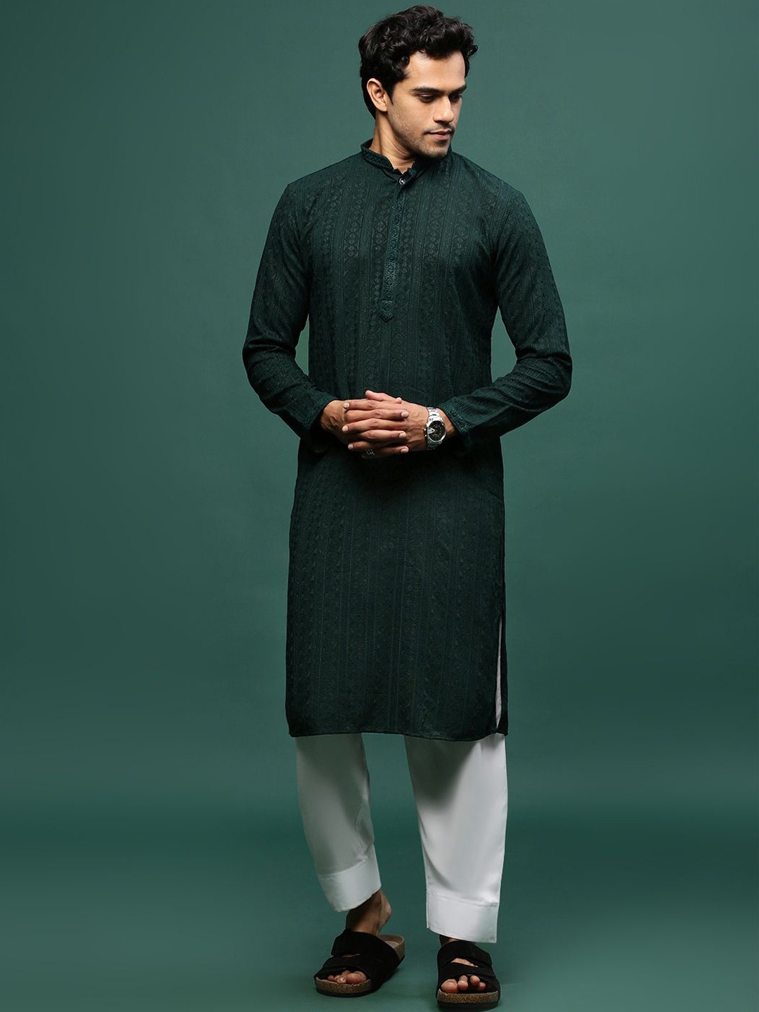 

Sangria Green Floral Embroidered Chikankari Straight Kurta With Pyjama