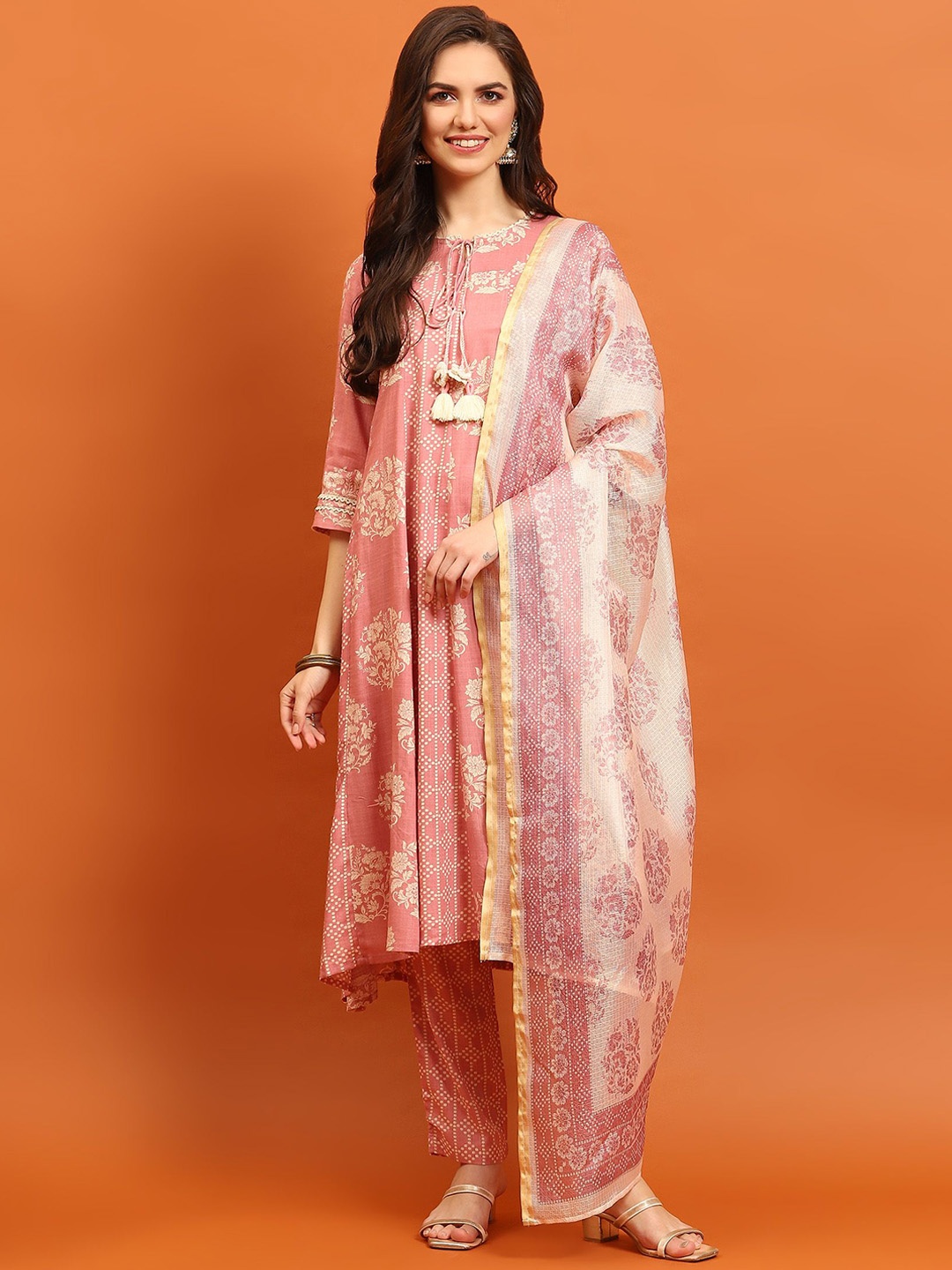 

Shree Floral Printed Tie-Up Neck A-Line Kurta With Trousers & Dupatta, Pink