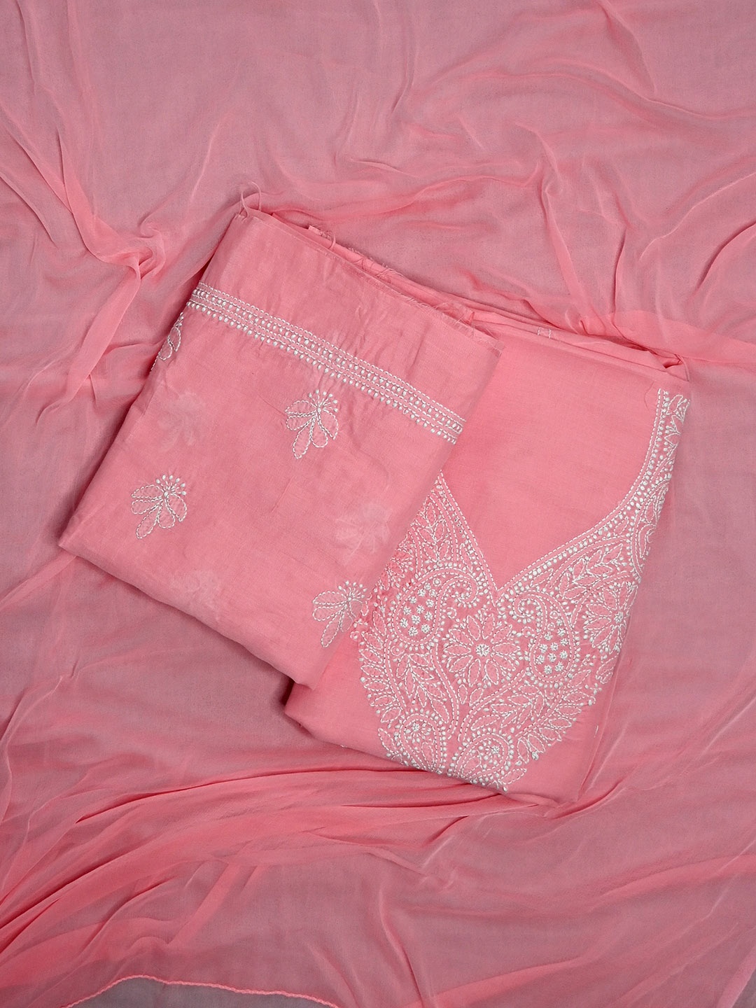 

Seva Chikan Ethnic Motifs Embroidered Chikankari Unstitched Dress Material, Peach