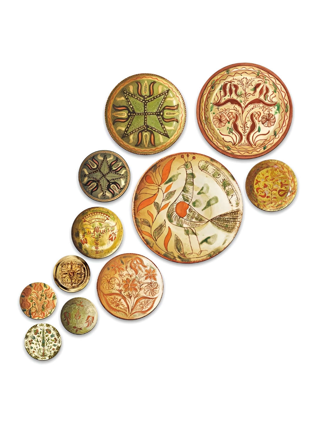 

CLAWCRAFTS Brown and Green 11 Pieces Ethnic Motifs Inspired Wooden Wall Plates