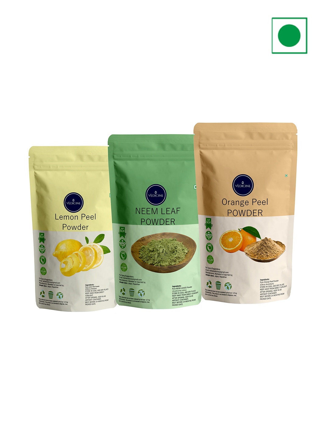 

VEDICINE Set Of 3 Lemon Neem Leaf Orange Peel Powder Face Pack 100 g Each, Green