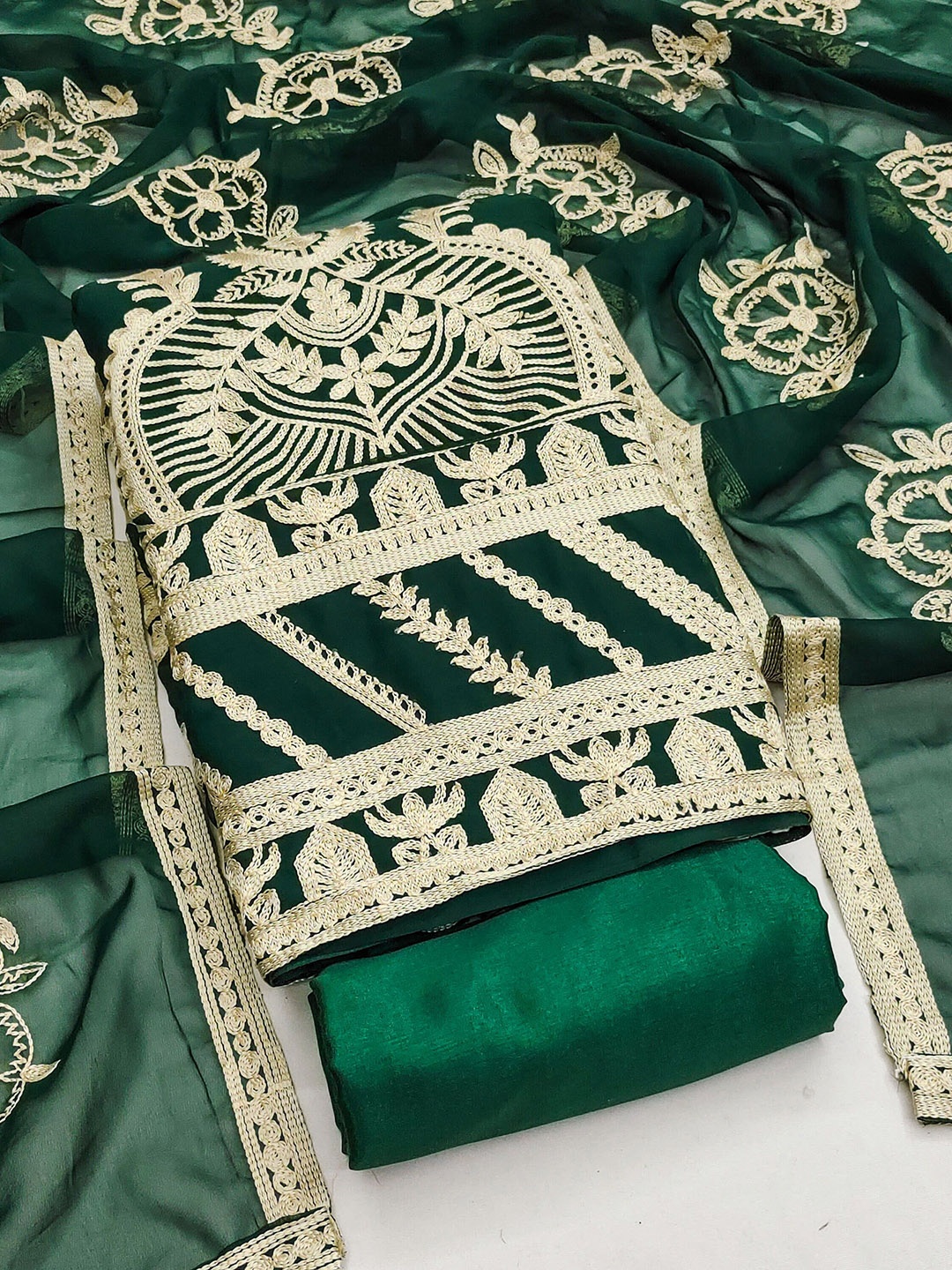 

MANVAA Embroidered Thread Work Unstitched Dress Material, Green