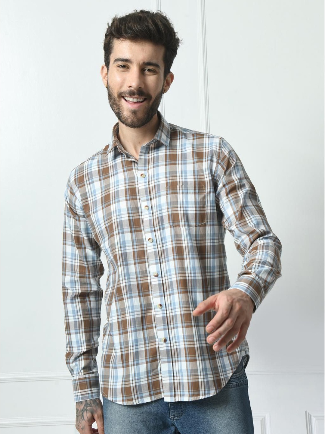 

PEBCO Men Classic Spread Collar Tartan Checked Cotton Slim Fit Casual Shirt, White