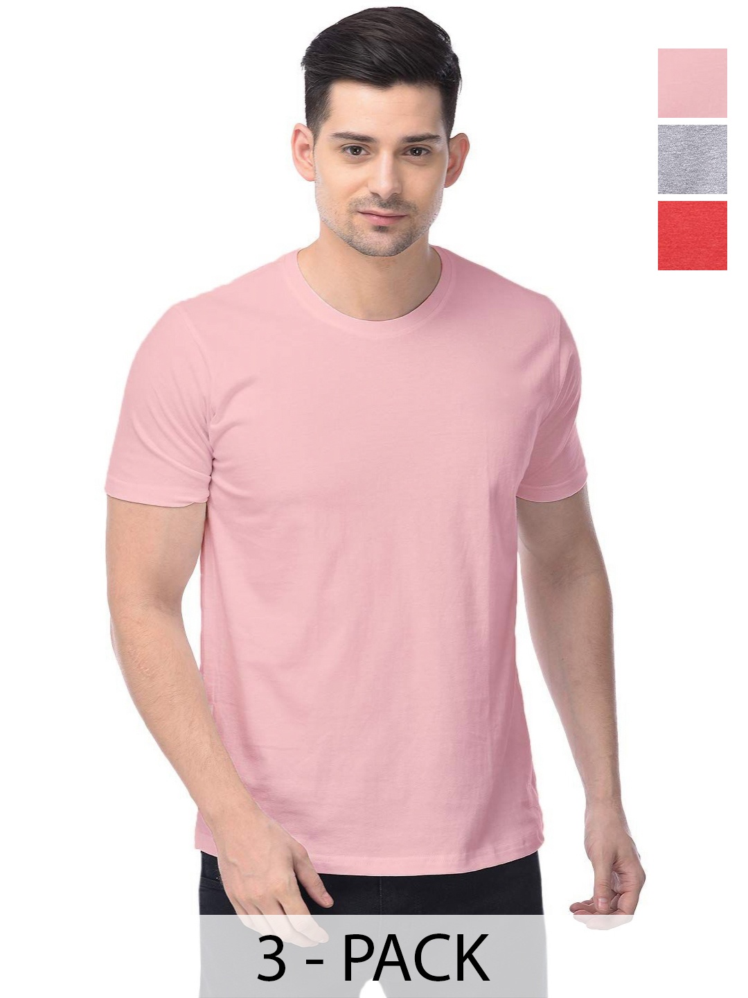 

COLOR CAPITAL Unisex Pack Of 3 Solid Round Neck Cotton T-shirts, Pink