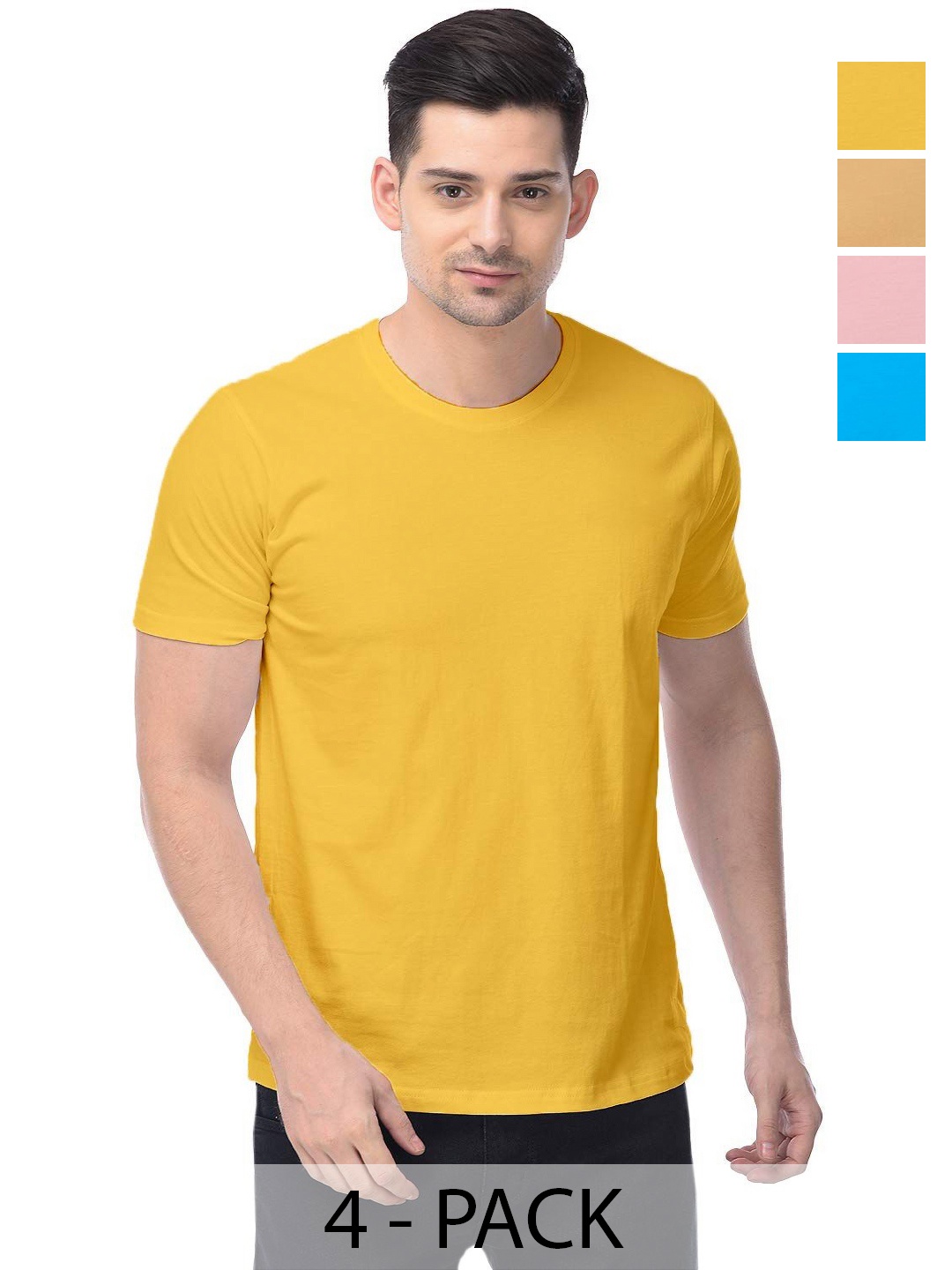 

COLOR CAPITAL Unisex Pack Of 4 Solid Round Neck Cotton T-shirts, Yellow