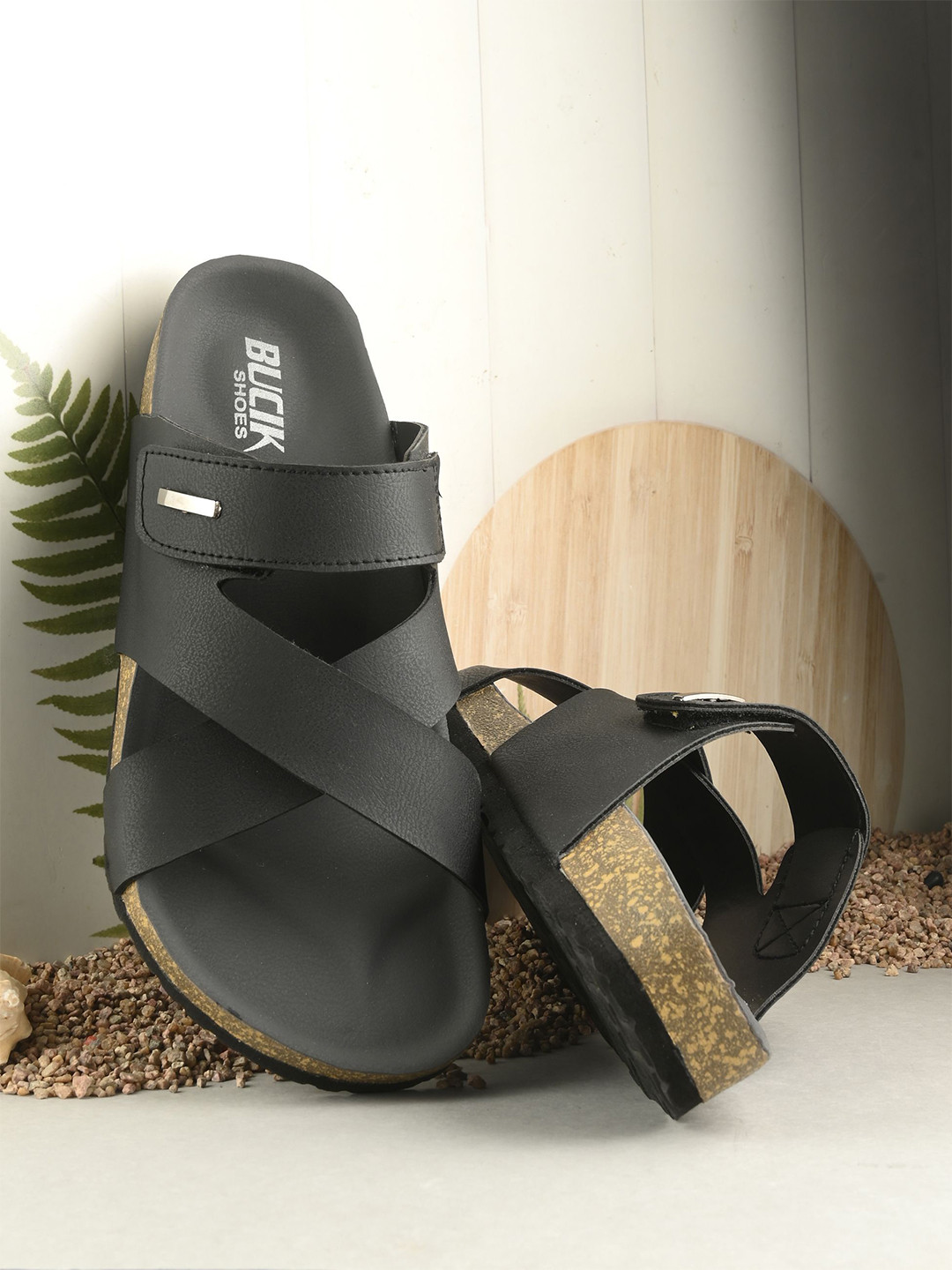 

BUCIK Men Slip-On Comfort Synthetic Leather Sandals, Black
