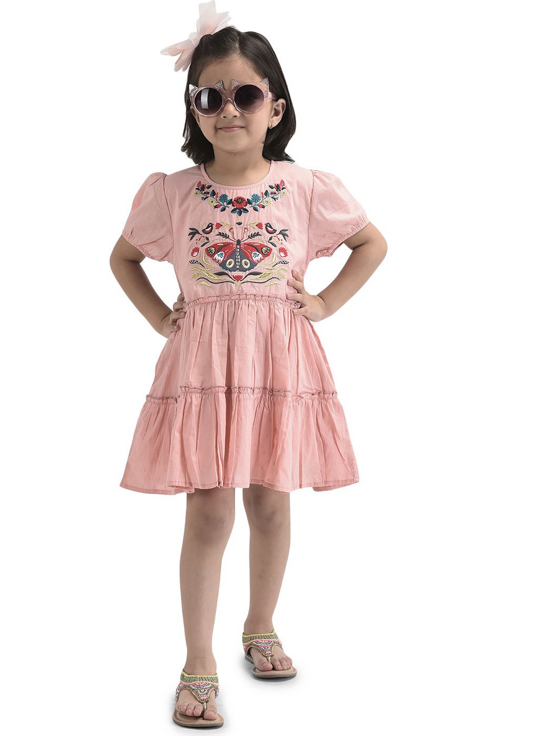 

BAESD Girls Embroidered Puff Sleeve Cotton A-Line Dress, Peach