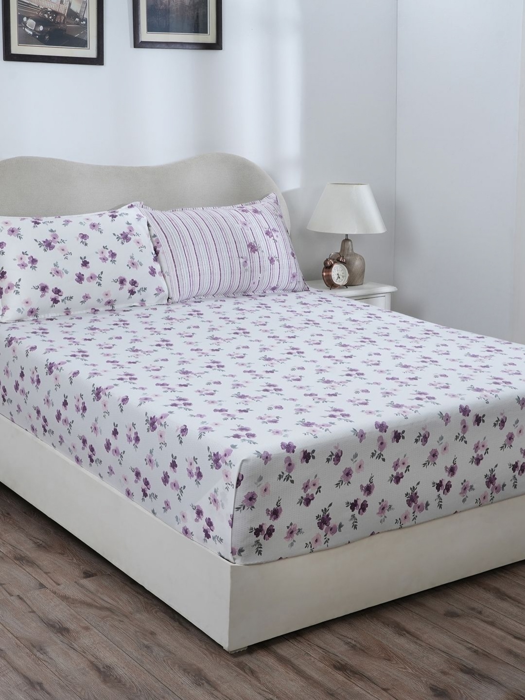 

MASPAR Eclectic Garden Purple 300TC Fitted Pure Cotton Queen Bedsheet & 2 Pillow Cover