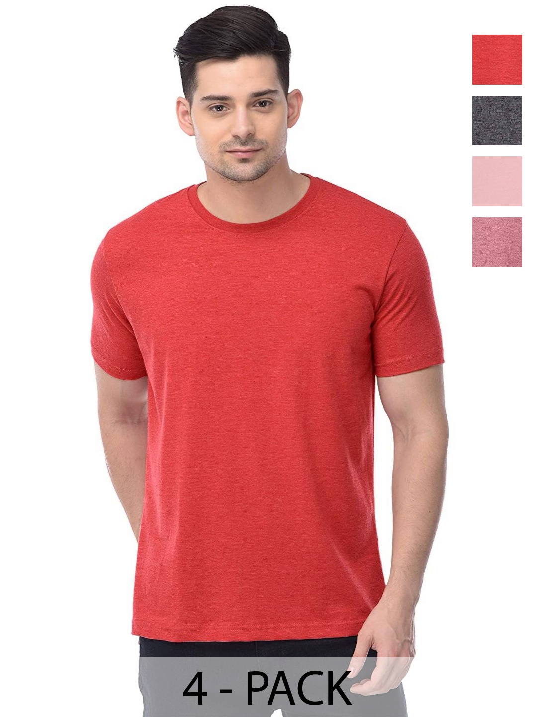 

COLOR CAPITAL Unisex Pack Of 4 Solid Round Neck Cotton T-shirts, Red
