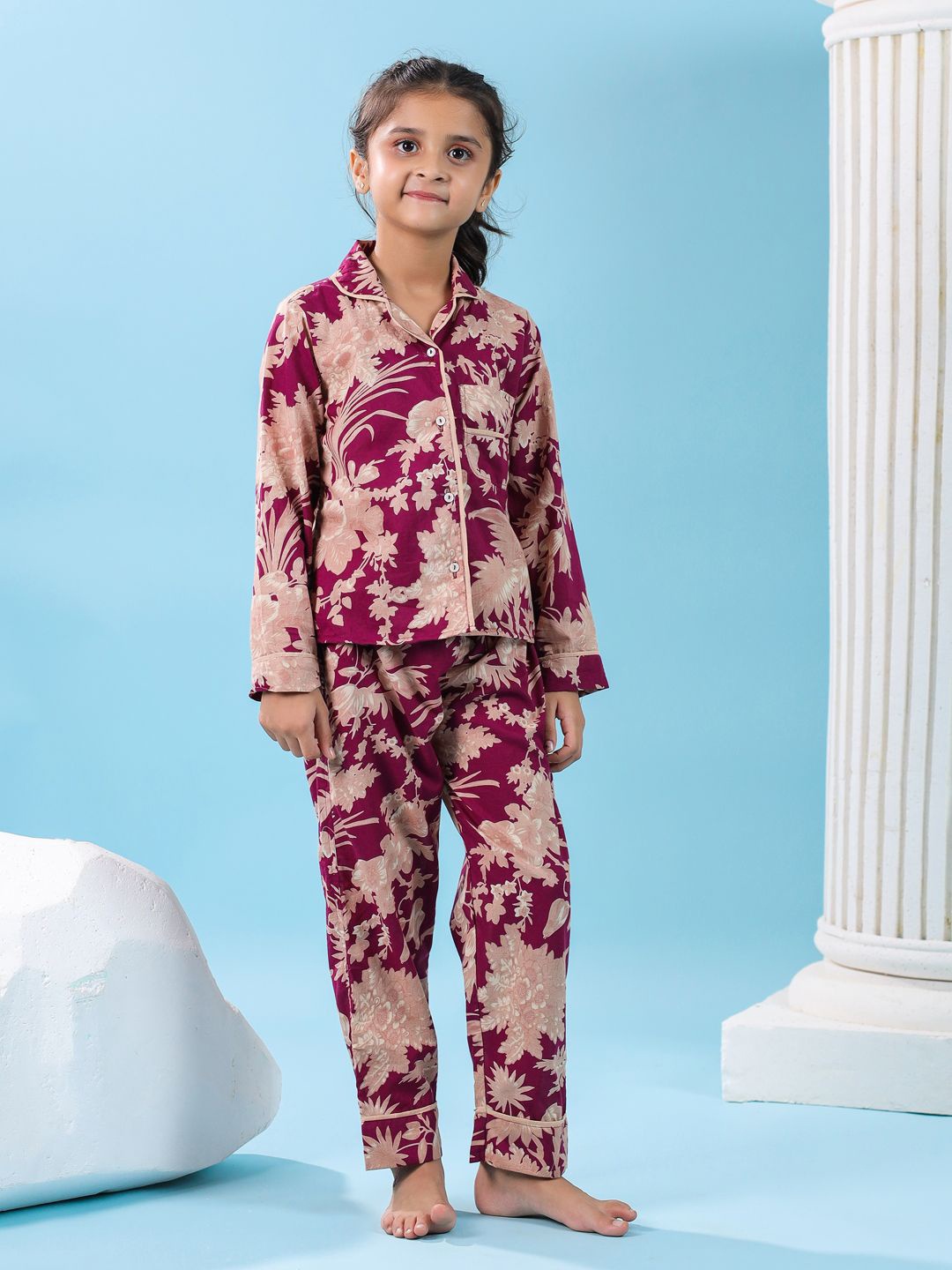 

SANSKRUTIHOMES Girls Floral Printed Lapel Collar Pure Cotton Night suit, Maroon