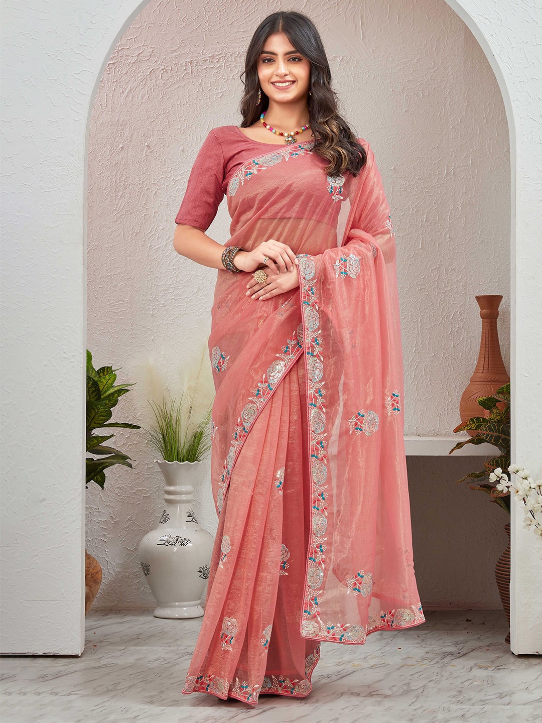 

Globon Impex Women Embroidered Floral Sequinned Saree, Pink