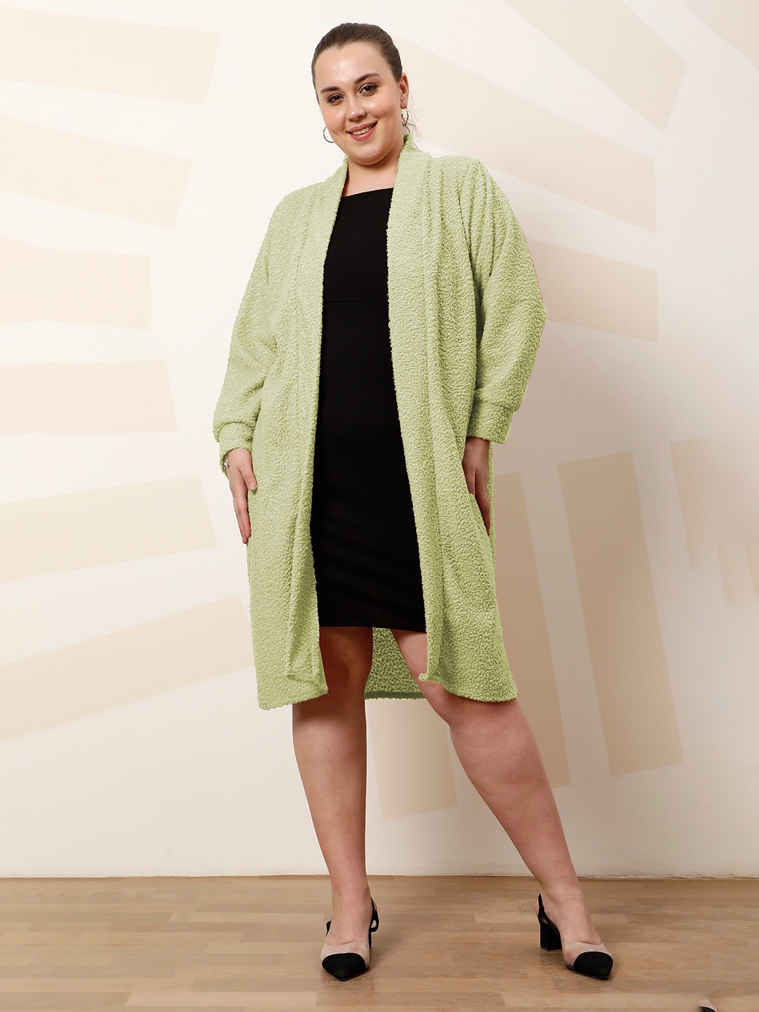 

Athena Ample Plus Size Textured Open Front Longline Shrug, Green